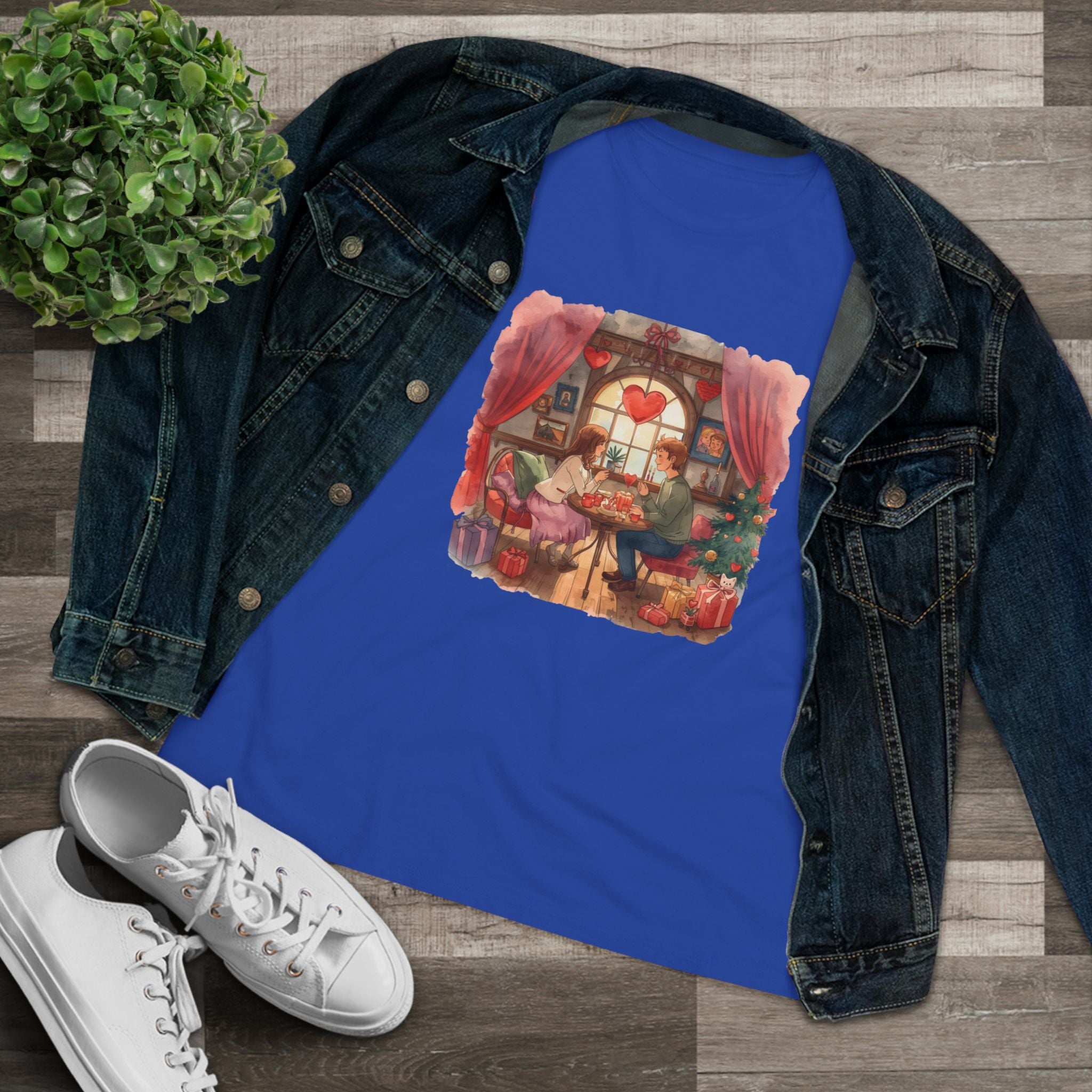 Cozy Tea Room Cotton Tee - Romantic Heart Window Illustration Shirt for Women