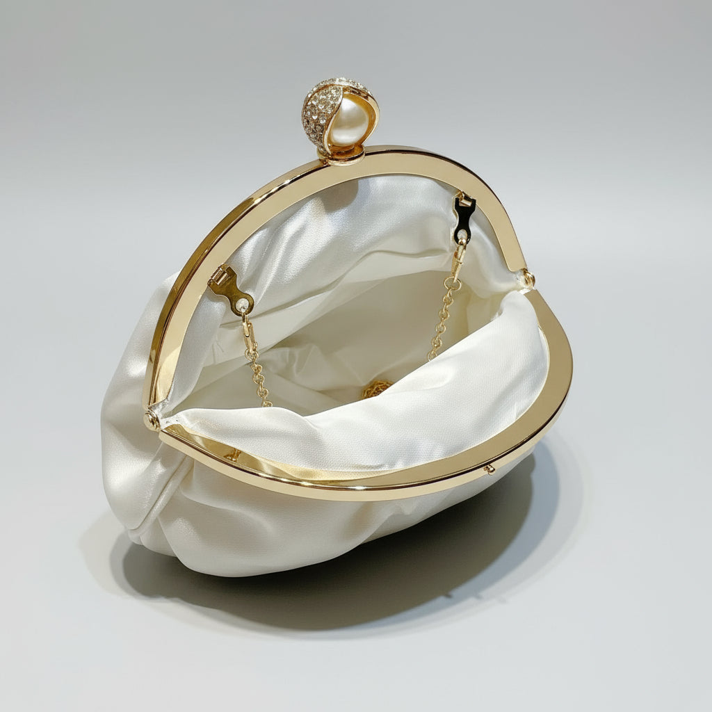 Gold handbag with pearl handle held by a hand against a light blue background