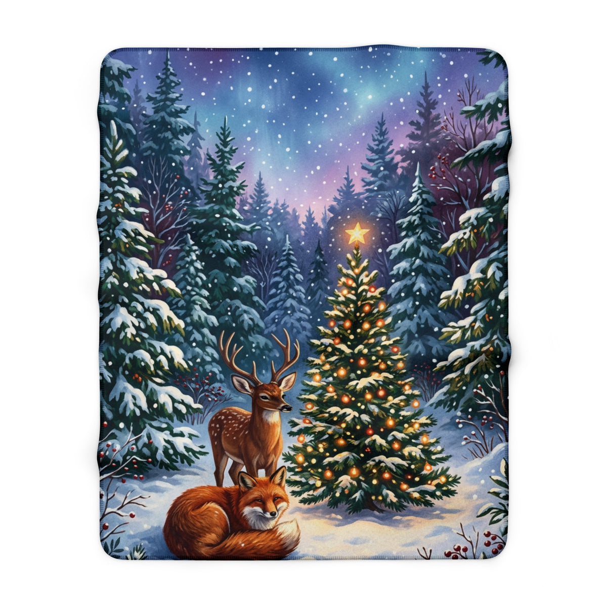 Winter Woodland Christmas Sherpa Fleece Blanket with Deer, Fox & Christmas Tree