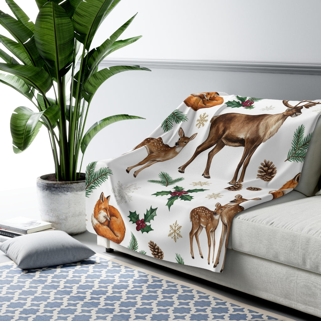 Woodland Deer & Fox Christmas Sherpa Fleece Blanket