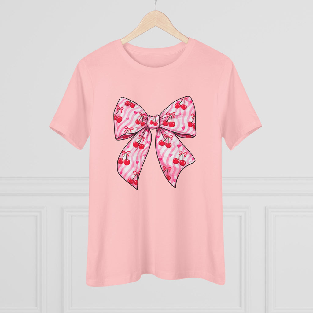 Pink Cherries Bow Women's Tee — Cute Tropical Ribbon Graphic Shirt