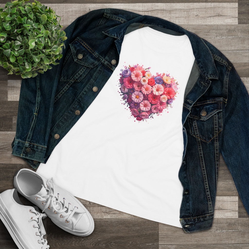 Floral Heart Cotton Tee - Pink Flower Heart Graphic Shirt for Women