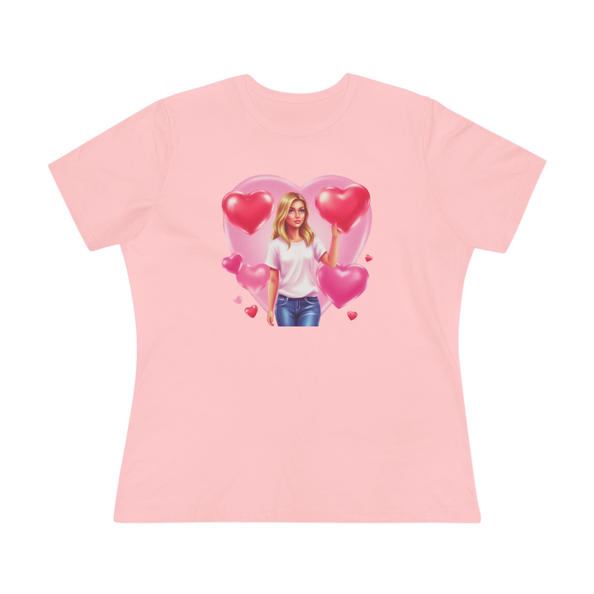 Heart Balloon Cotton Tee - Girl with Pink Heart Balloons Graphic Shirt for Women