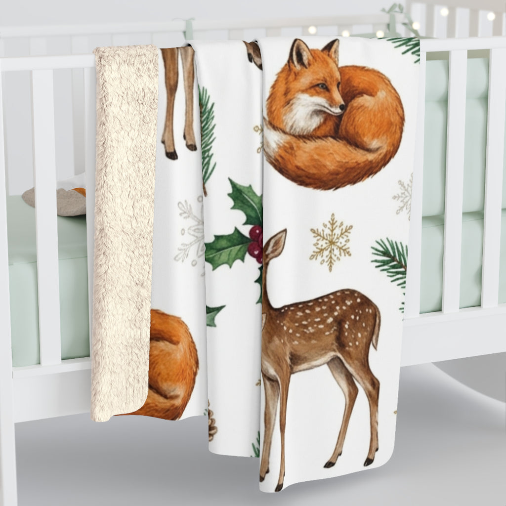 Woodland Deer & Fox Christmas Sherpa Fleece Blanket