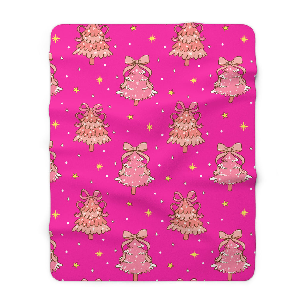 Pink Christmas Tree & Bow Sherpa Fleece Blanket