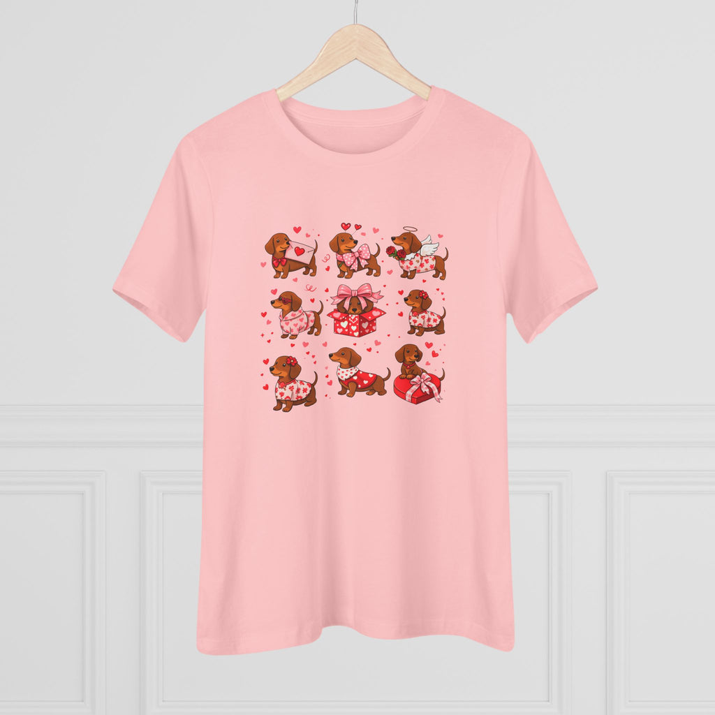 Dachshund Heart Pattern Cotton Tee - Valentine's Wiener Dog Graphic Shirt for Women