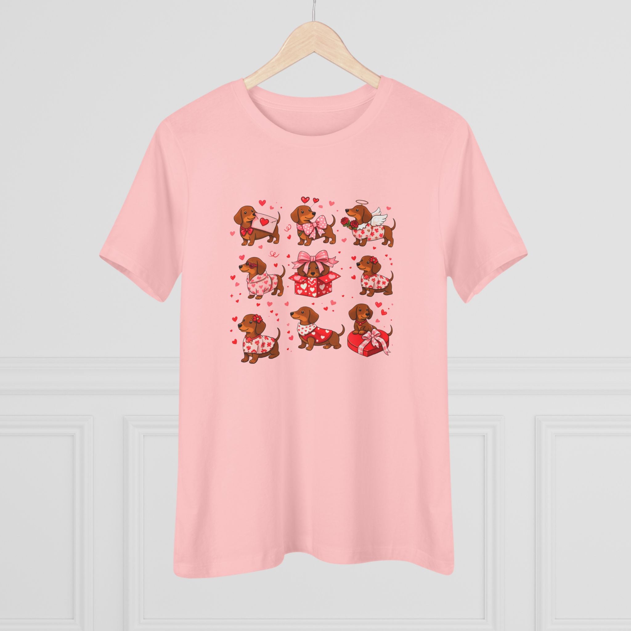 Dachshund Heart Pattern Cotton Tee - Valentine's Wiener Dog Graphic Shirt for Women