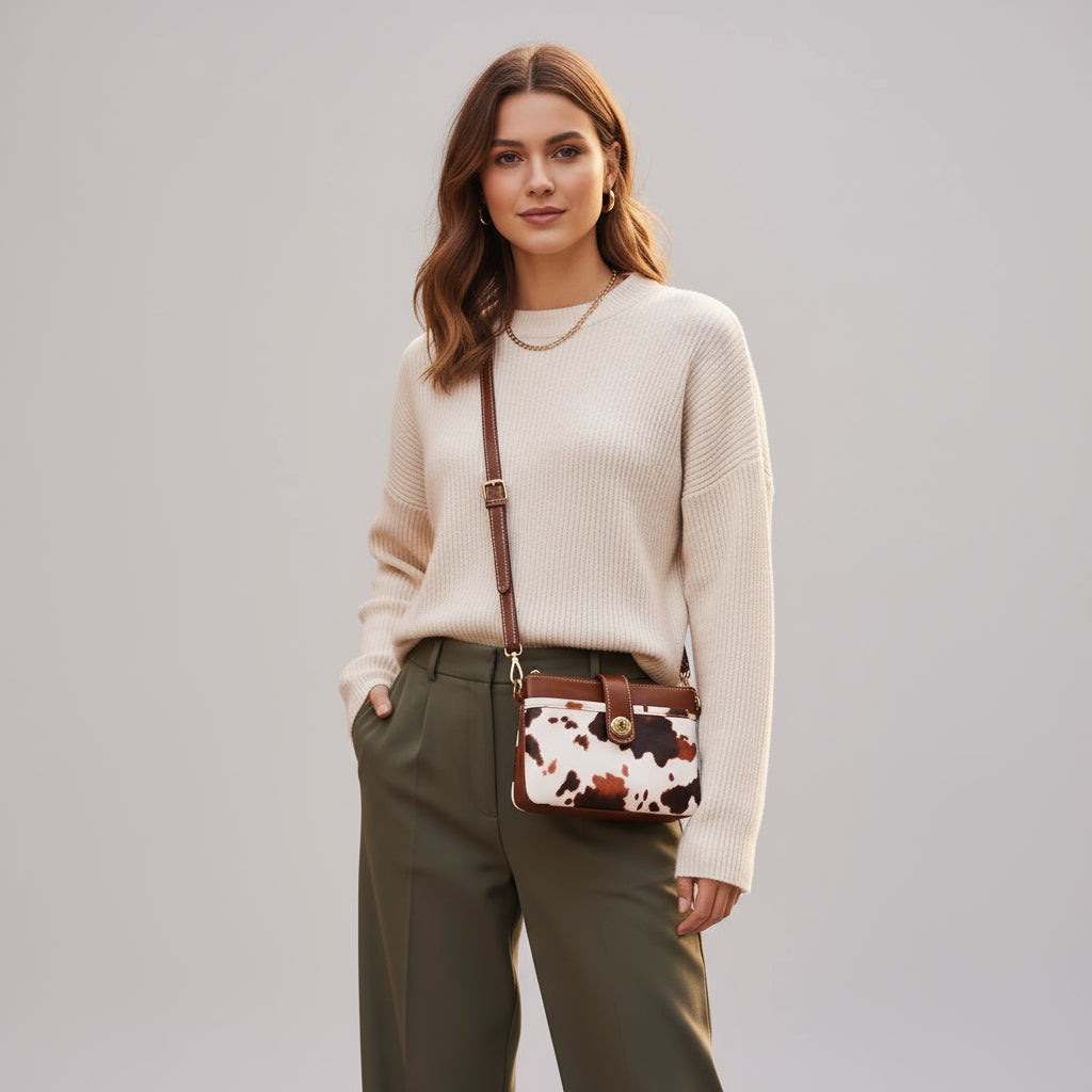 Woman holding a cow print crossbody bag against a plain background