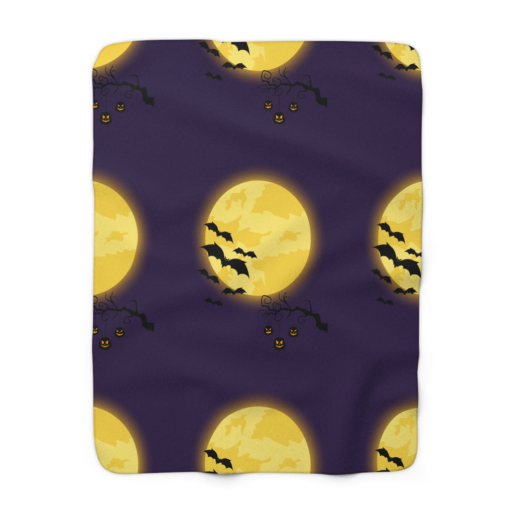 Halloween Moon Sherpa Blanket — Full Moon Bats & Jack-O’-Lanterns Fleece Throw