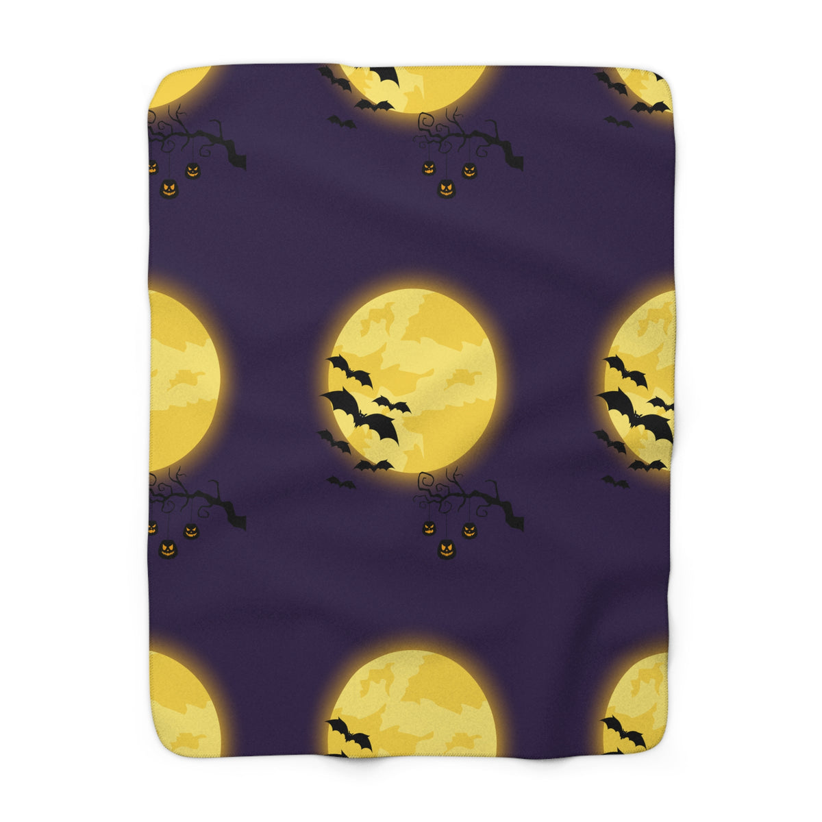 Halloween Moon Sherpa Blanket — Full Moon Bats & Jack-O’-Lanterns Fleece Throw