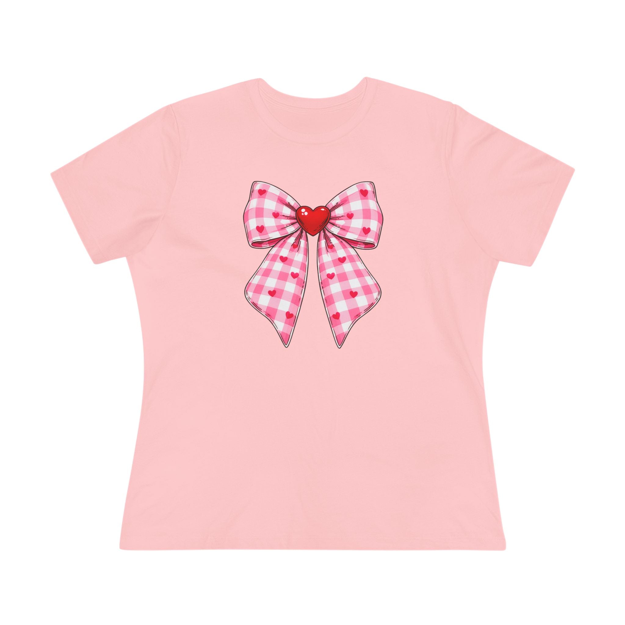 Gingham Heart Bow Cotton Tee - Pink Bow Valentine's Shirt for Women