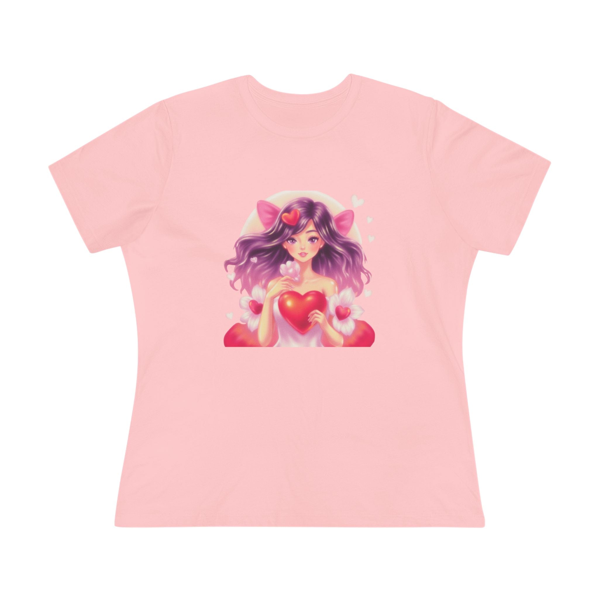 Cute Anime Girl Cotton Tee - Kawaii Heart Valentine's Shirt for Women