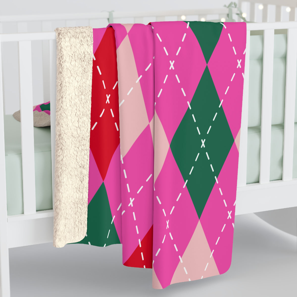 Pink, Green & Red Argyle Sherpa Fleece Blanket