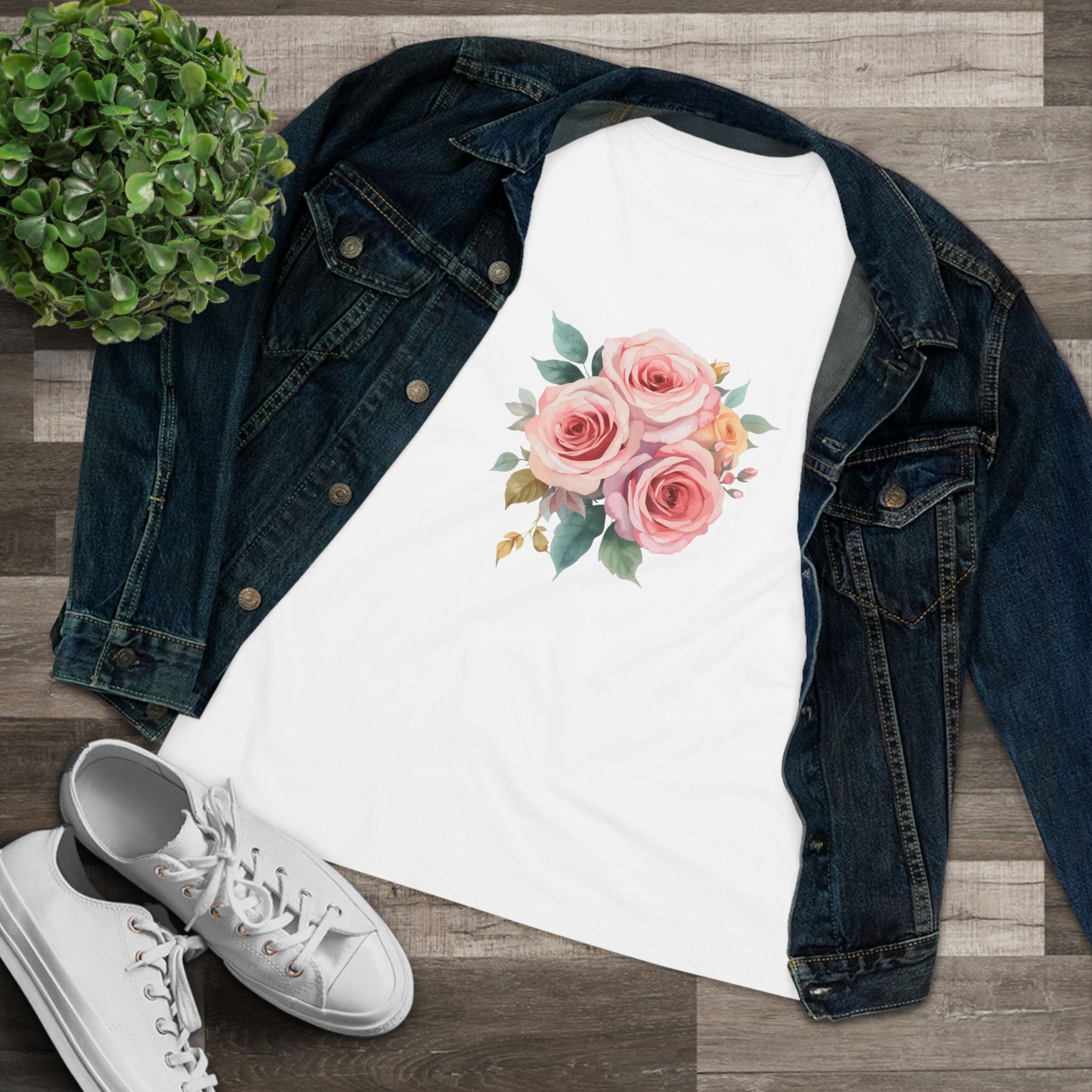 Watercolor Rose Bouquet Cotton Tee - Floral Graphic Shirt for Women
