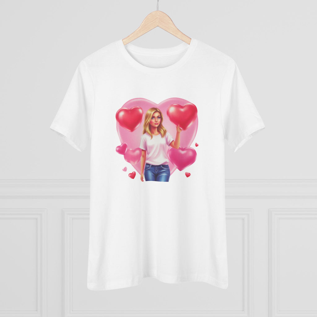 Heart Balloon Cotton Tee - Girl with Pink Heart Balloons Graphic Shirt for Women