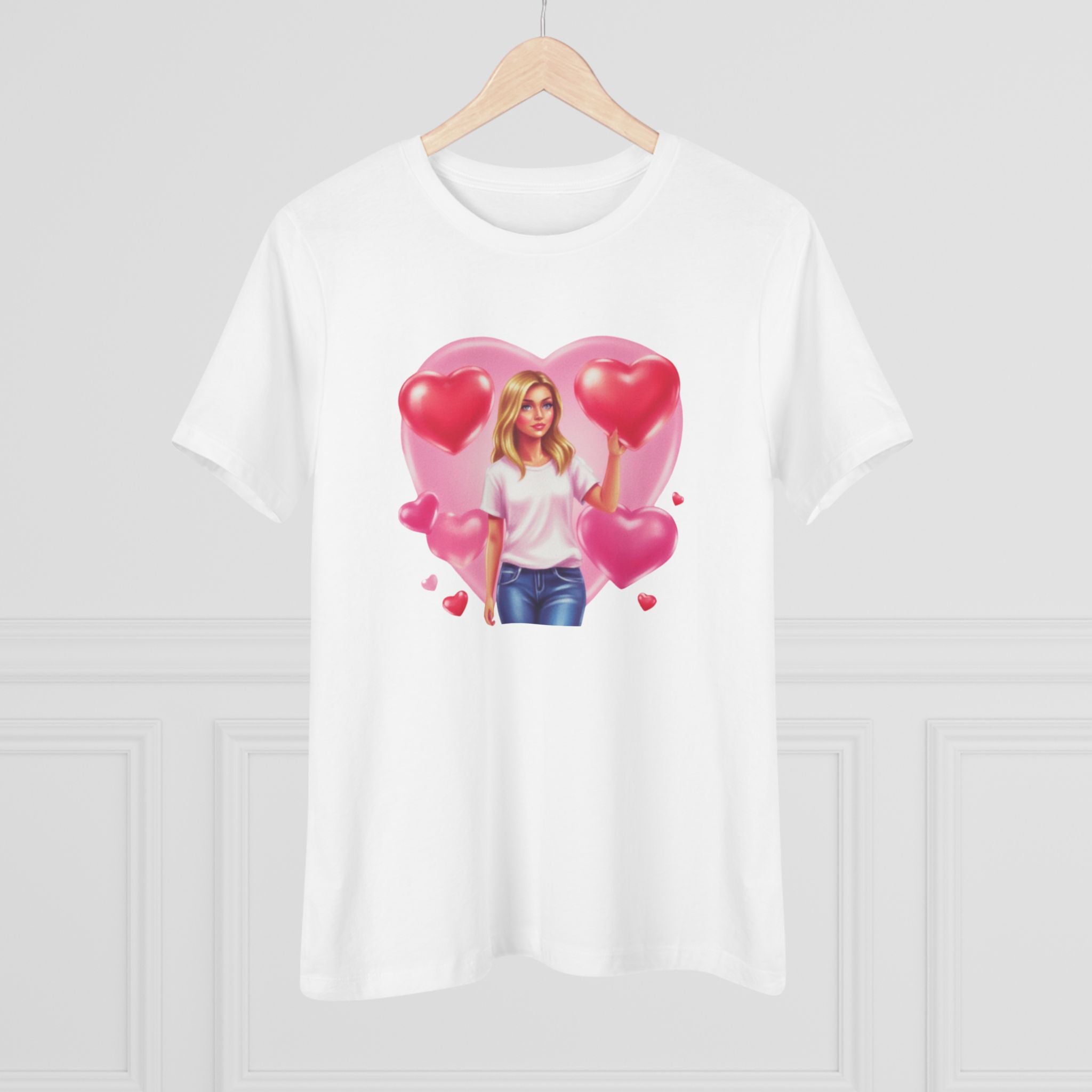 Heart Balloon Cotton Tee - Girl with Pink Heart Balloons Graphic Shirt for Women