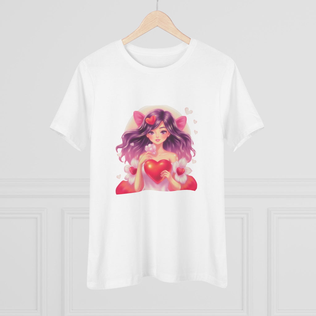 Cute Anime Girl Cotton Tee - Kawaii Heart Valentine's Shirt for Women