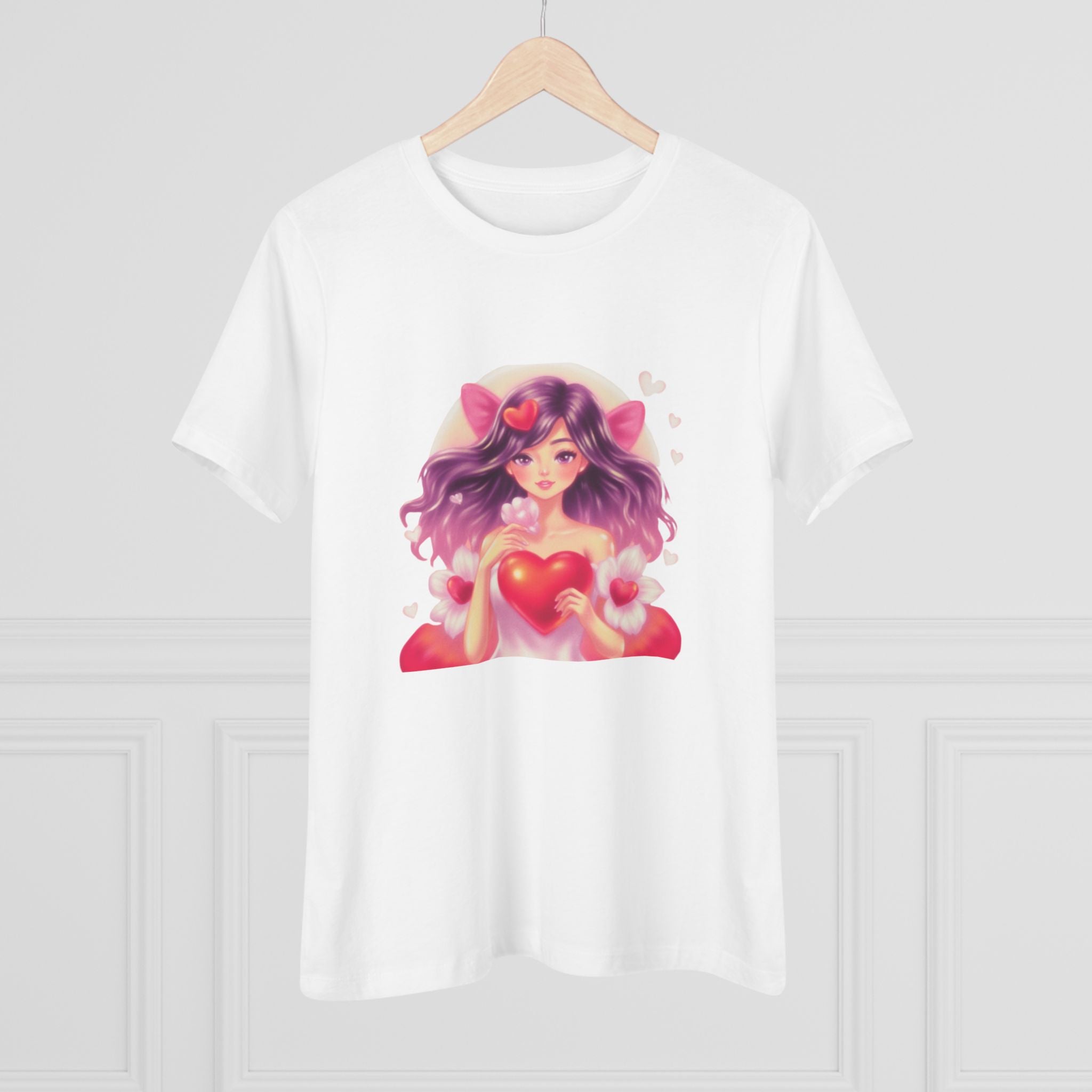 Cute Anime Girl Cotton Tee - Kawaii Heart Valentine's Shirt for Women