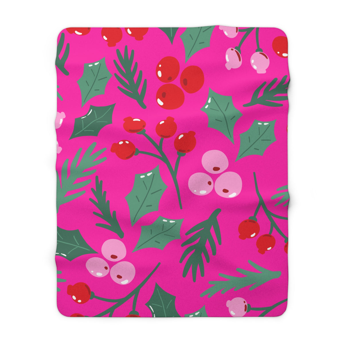 Pink Christmas Holly & Berry Sherpa Fleece Blanket