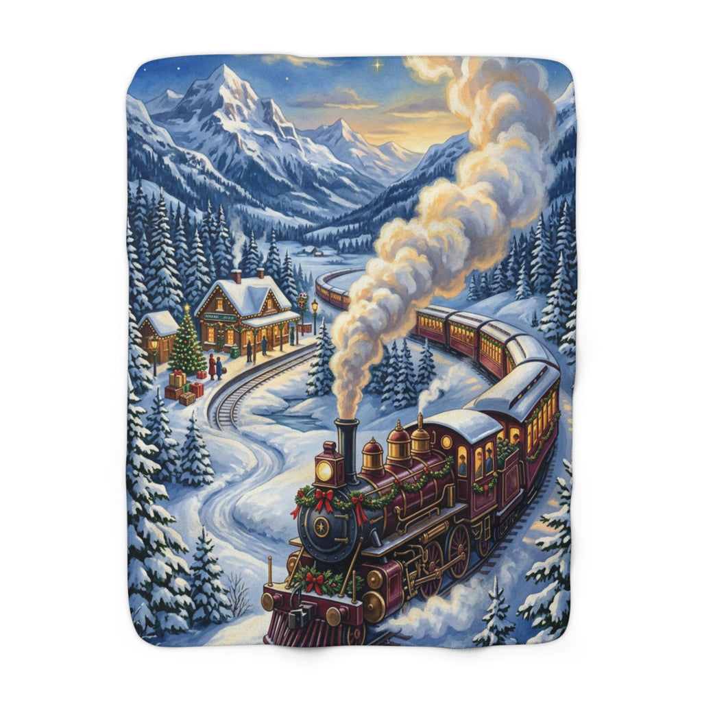 Winter Mountain Train Sherpa Fleece Blanket
