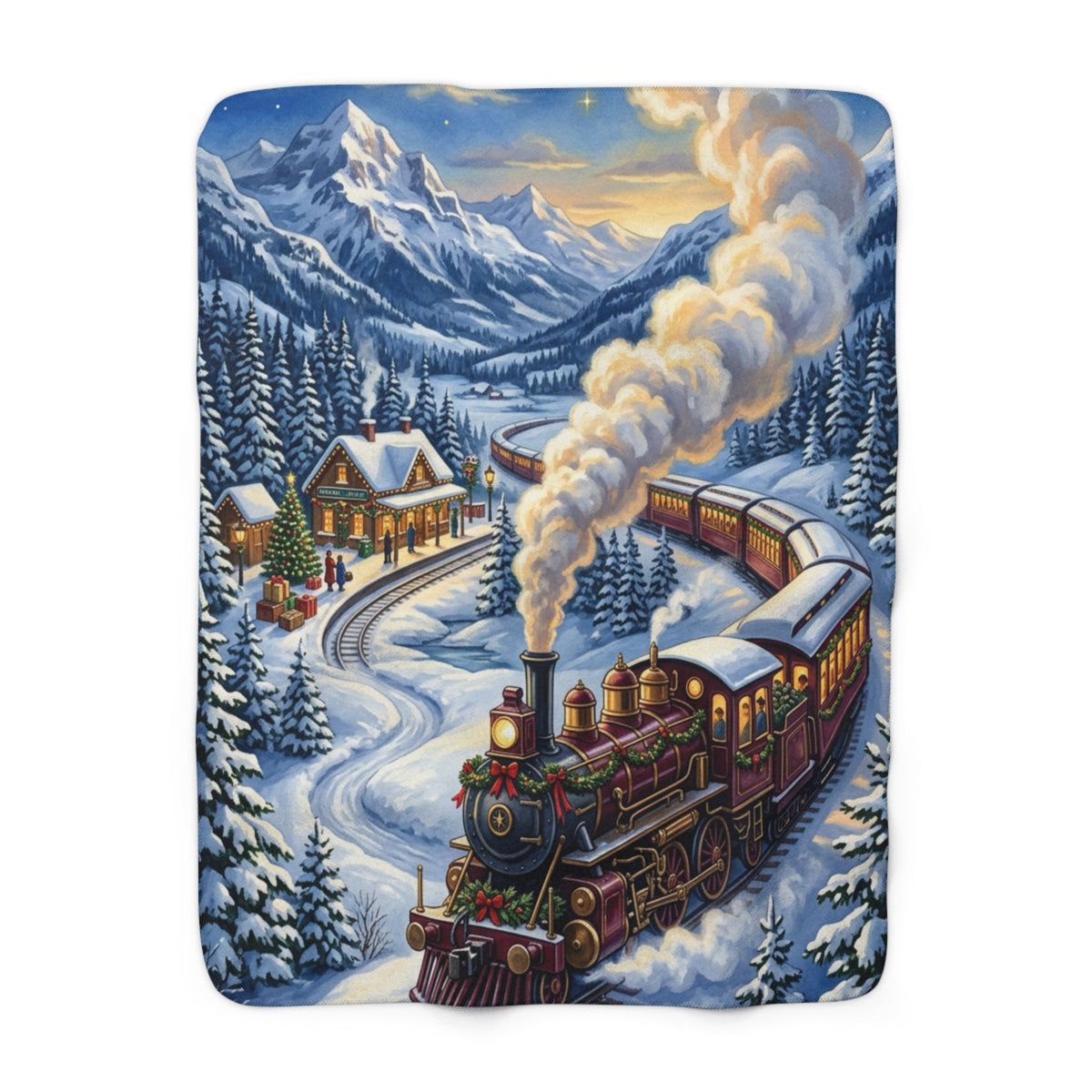 Winter Mountain Train Sherpa Fleece Blanket