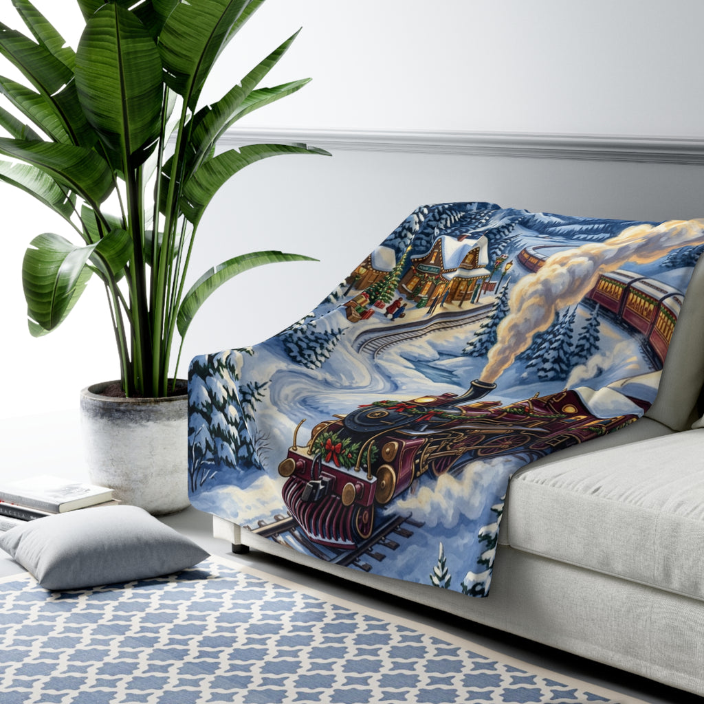 Winter Mountain Train Sherpa Fleece Blanket