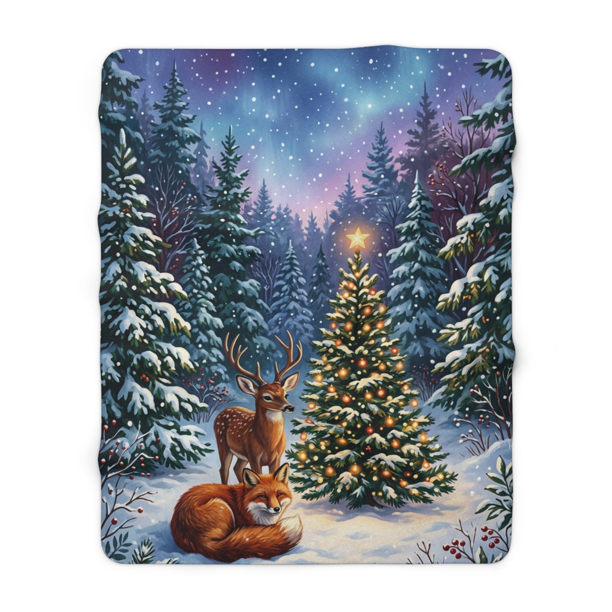 Winter Woodland Christmas Sherpa Fleece Blanket with Deer, Fox & Christmas Tree