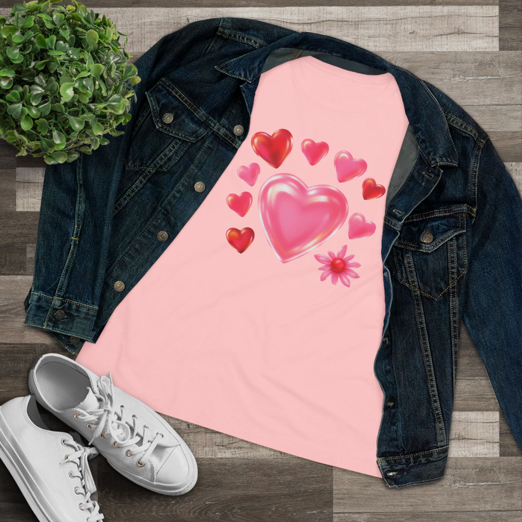 Valentine Hearts & Flower Cotton Tee - Cute Love Graphic Shirt for Women