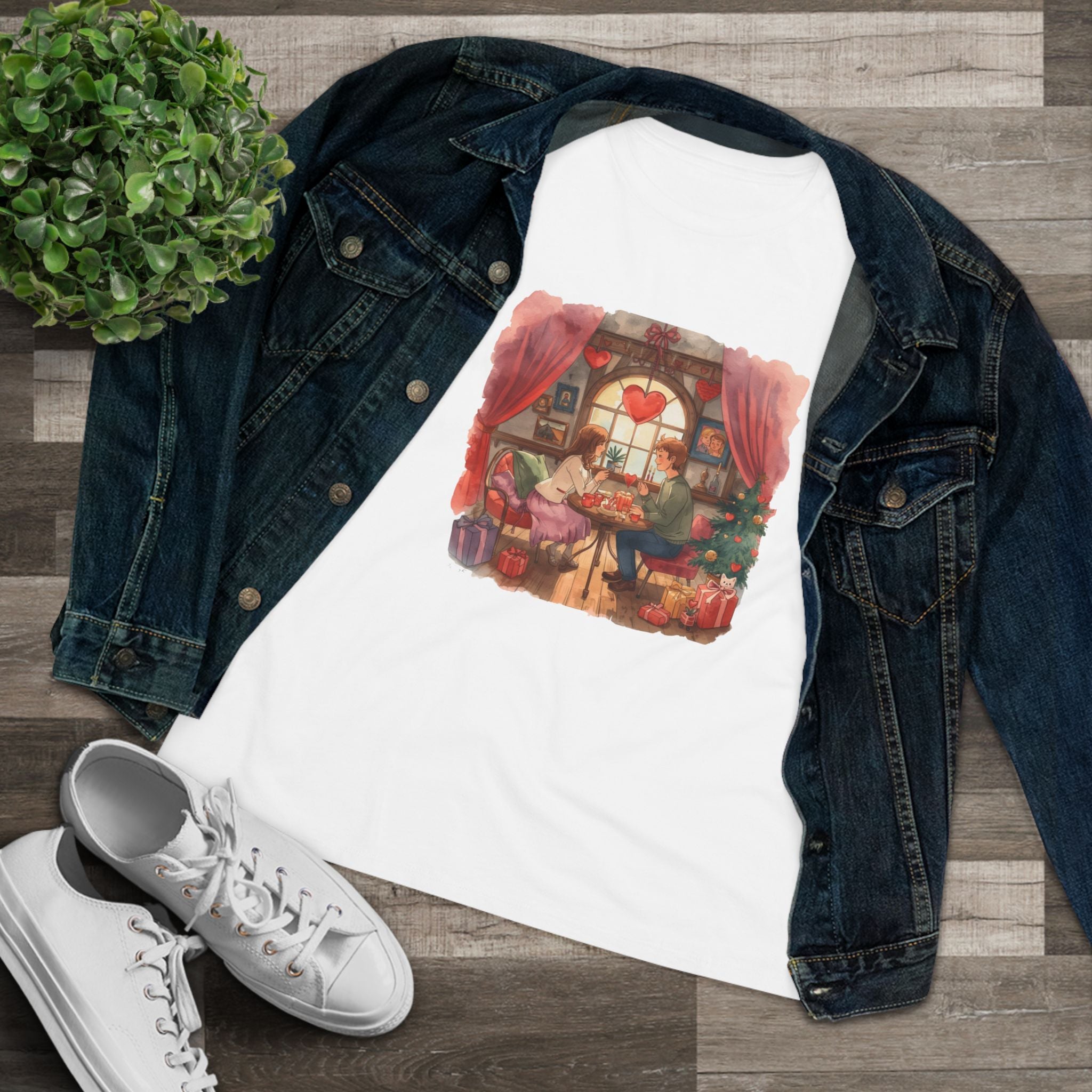 Cozy Tea Room Cotton Tee - Romantic Heart Window Illustration Shirt for Women