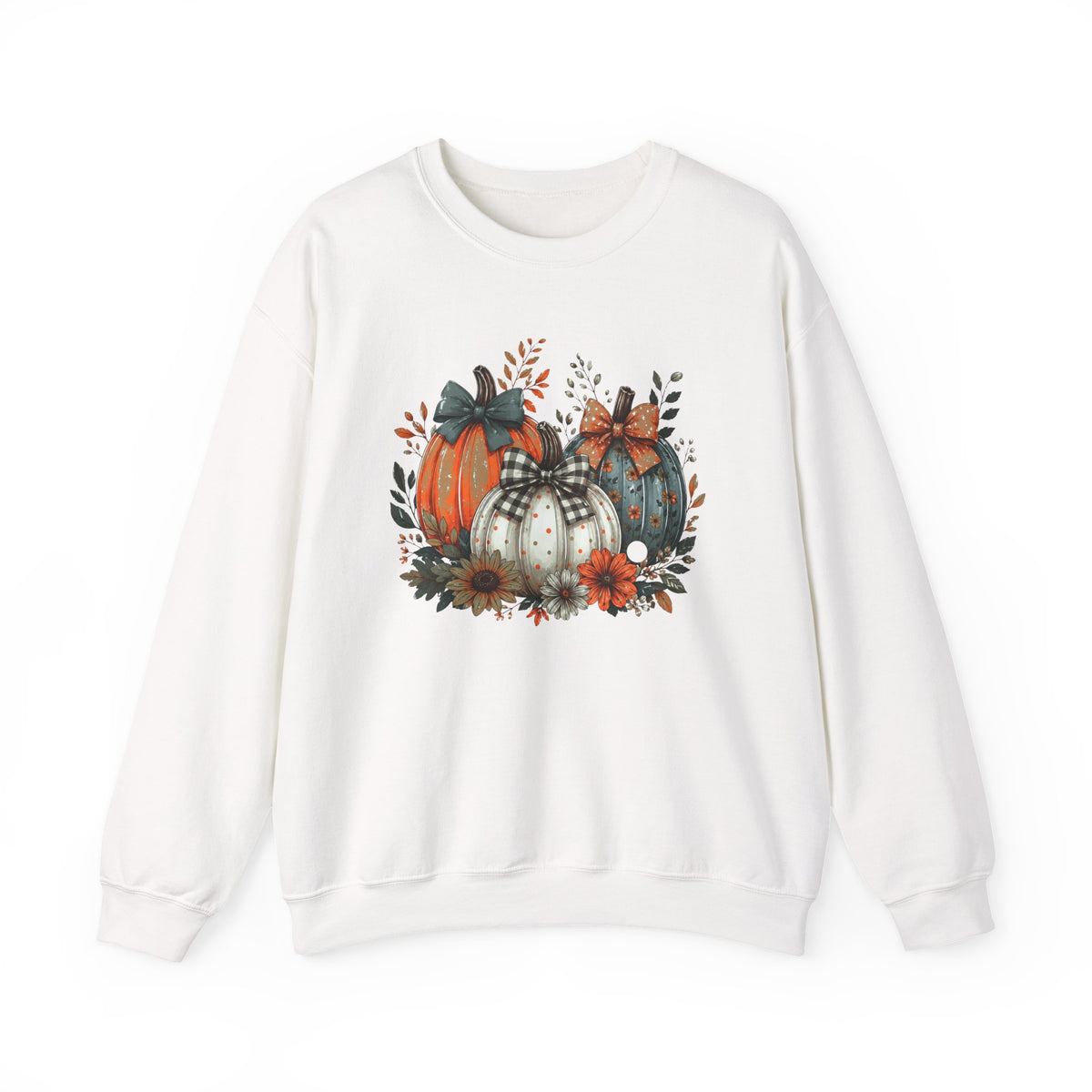 Autumn Pumpkin Trio Crewneck Sweatshirt — Fall Floral Thanksgiving Pullover