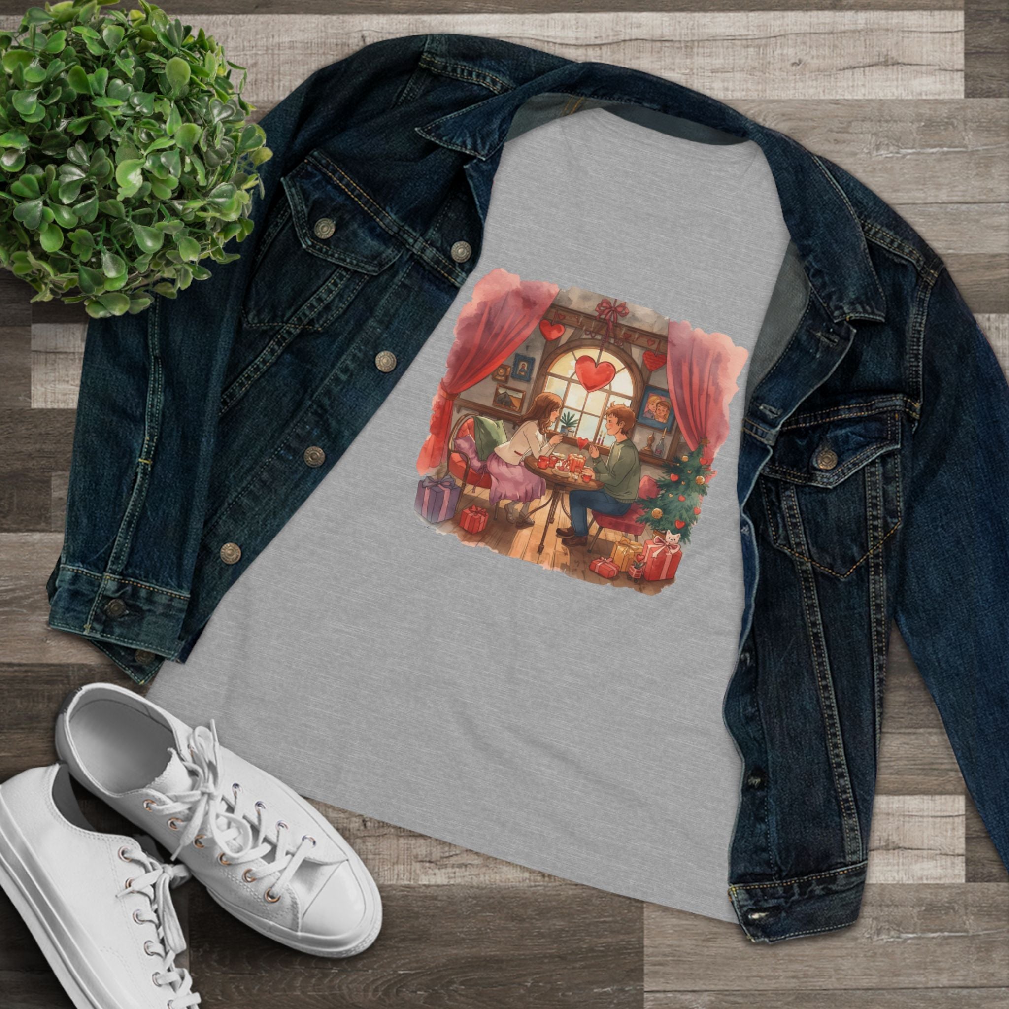 Cozy Tea Room Cotton Tee - Romantic Heart Window Illustration Shirt for Women