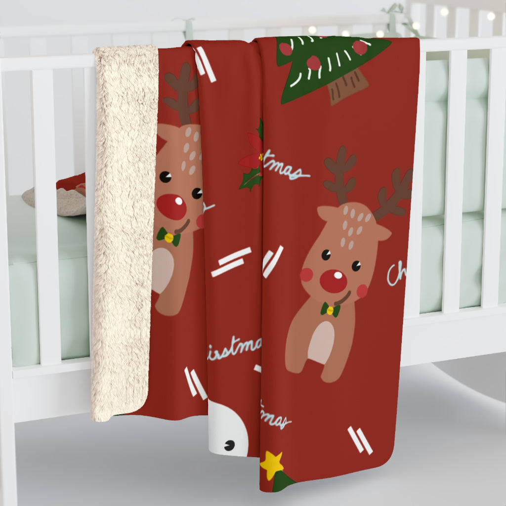 Red Christmas Snowman & Reindeer Sherpa Fleece Blanket