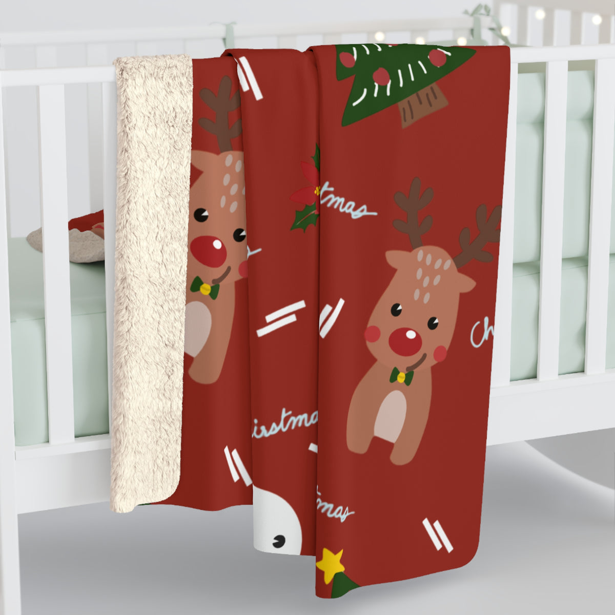 Red Christmas Snowman & Reindeer Sherpa Fleece Blanket