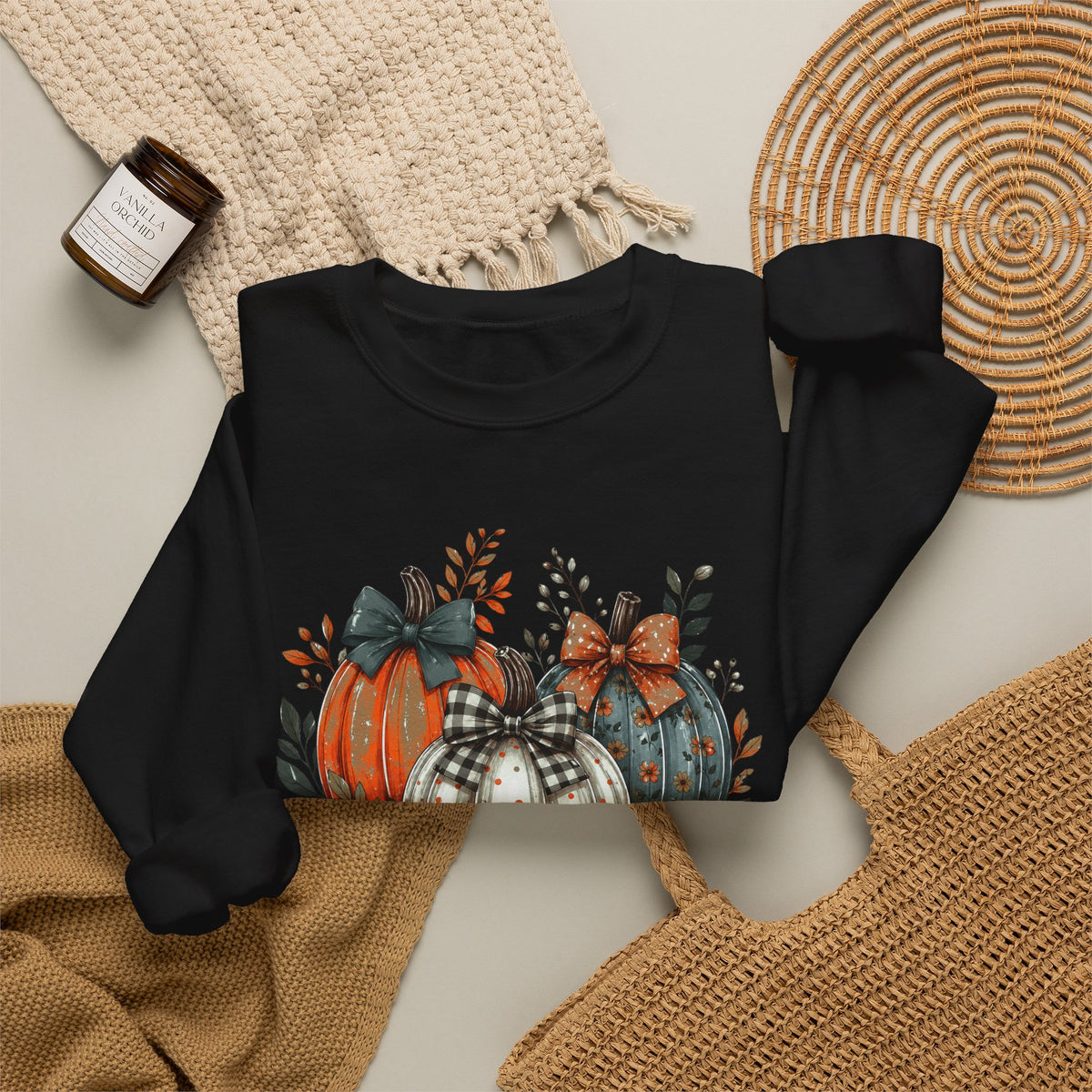 Autumn Pumpkin Trio Crewneck Sweatshirt — Fall Floral Thanksgiving Pullover
