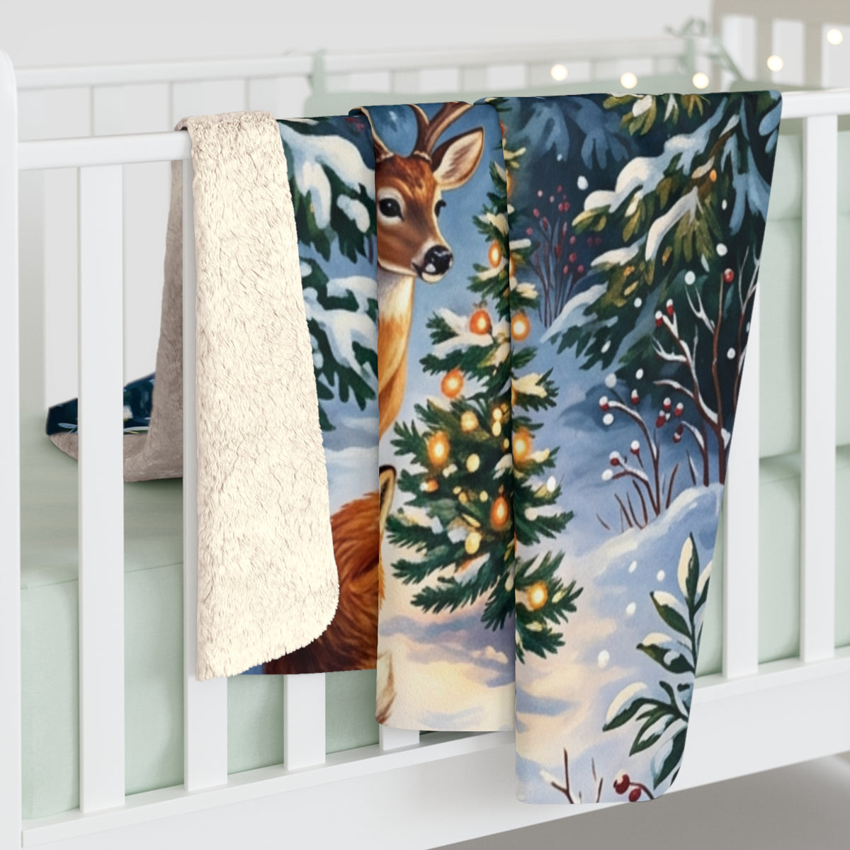Winter Woodland Christmas Sherpa Fleece Blanket with Deer, Fox & Christmas Tree
