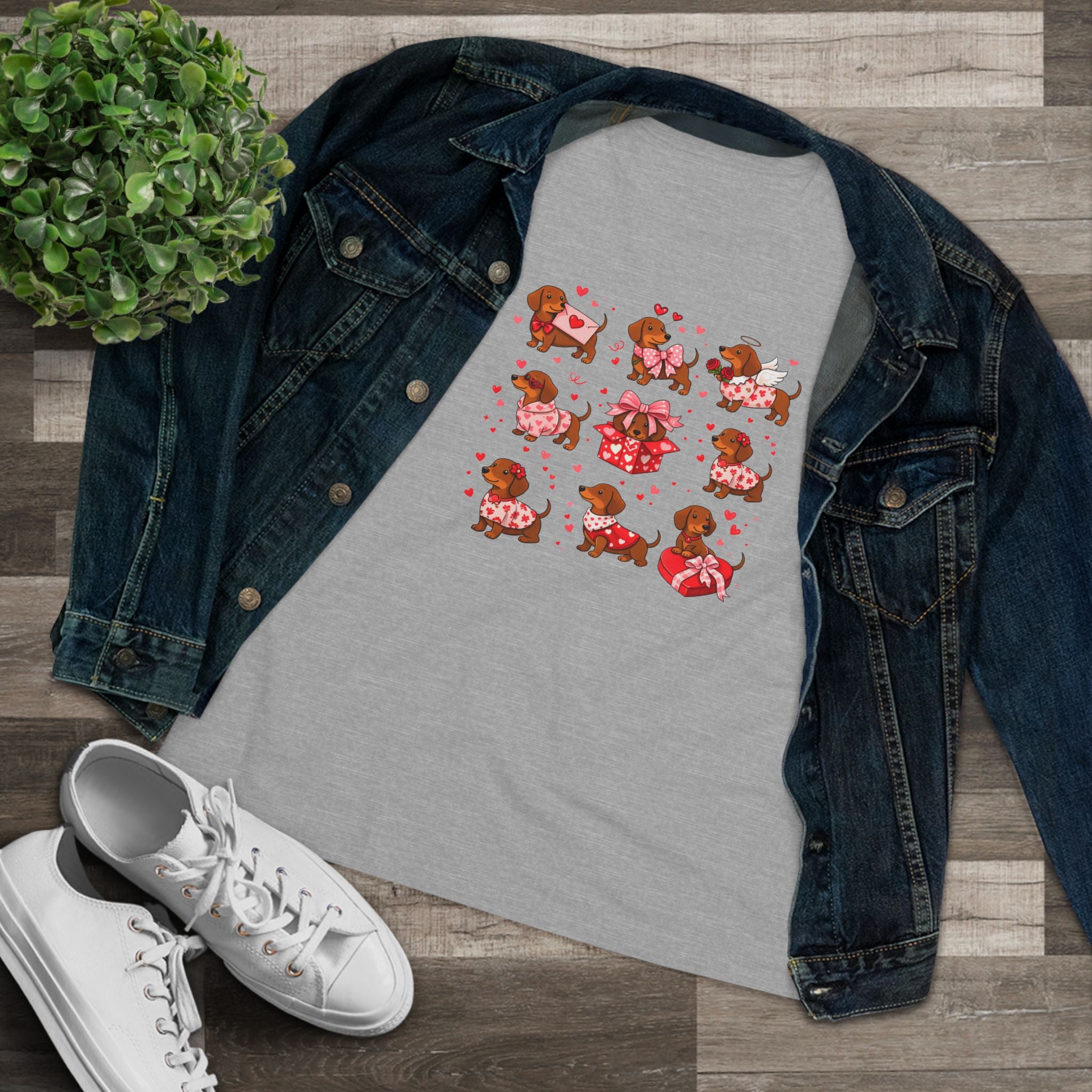 Dachshund Heart Pattern Cotton Tee - Valentine's Wiener Dog Graphic Shirt for Women