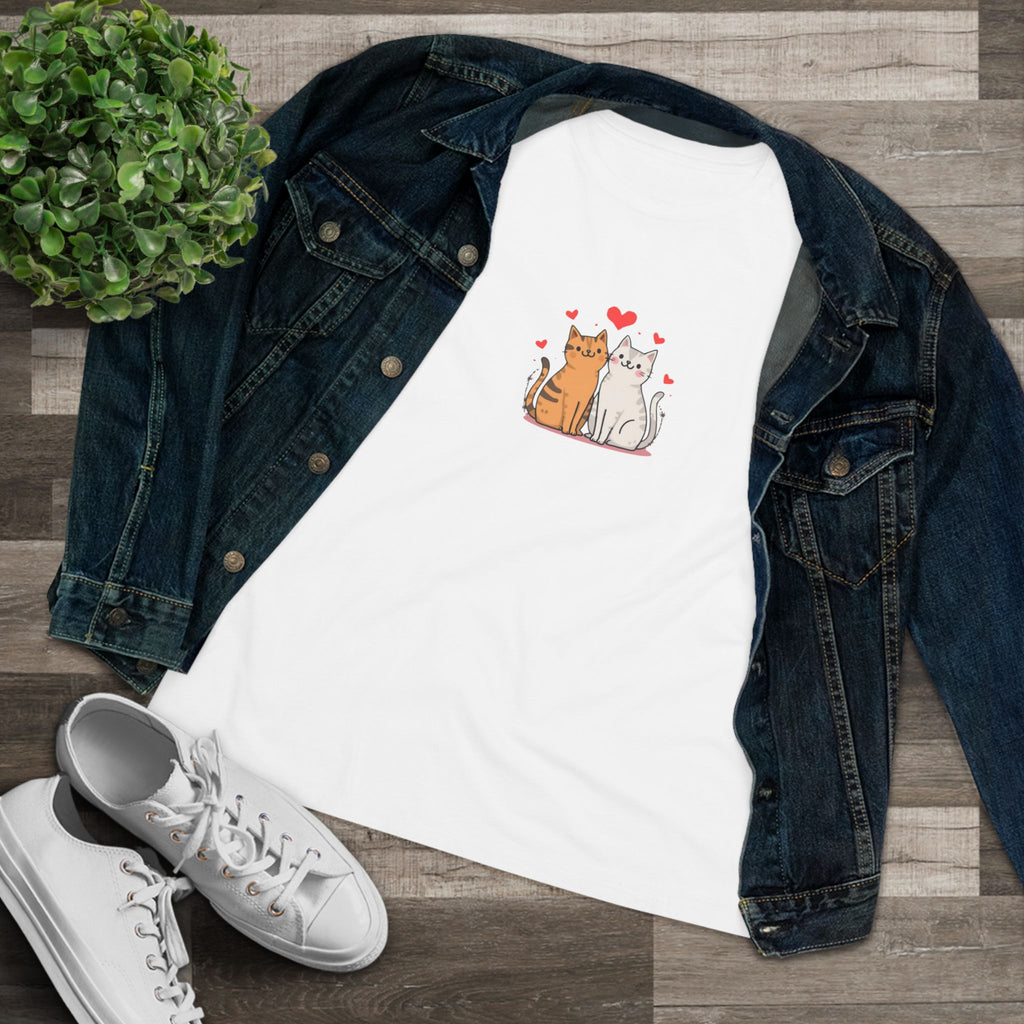 Cat Couple Cotton Tee - Cute Cats with Hearts Valentine's Shirt for Women