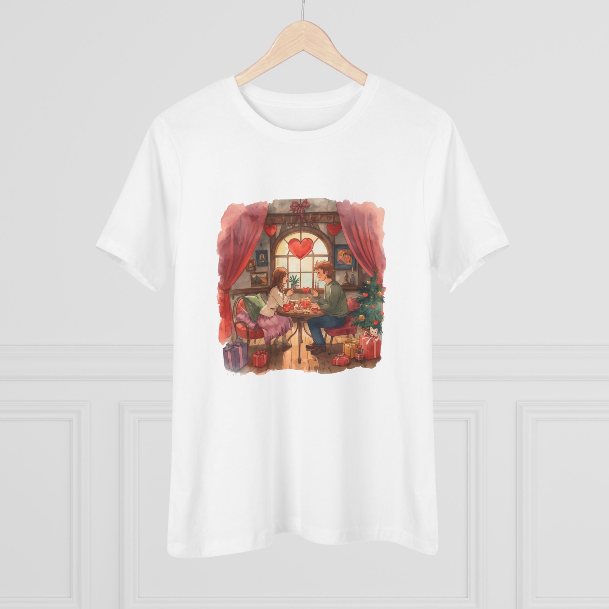 Cozy Tea Room Cotton Tee - Romantic Heart Window Illustration Shirt for Women