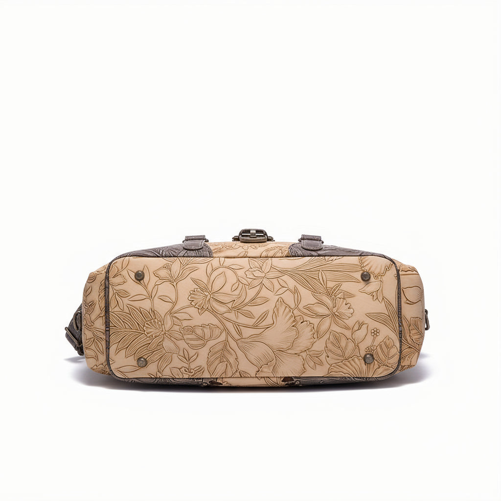 Beige handbag with floral patterns on a white background