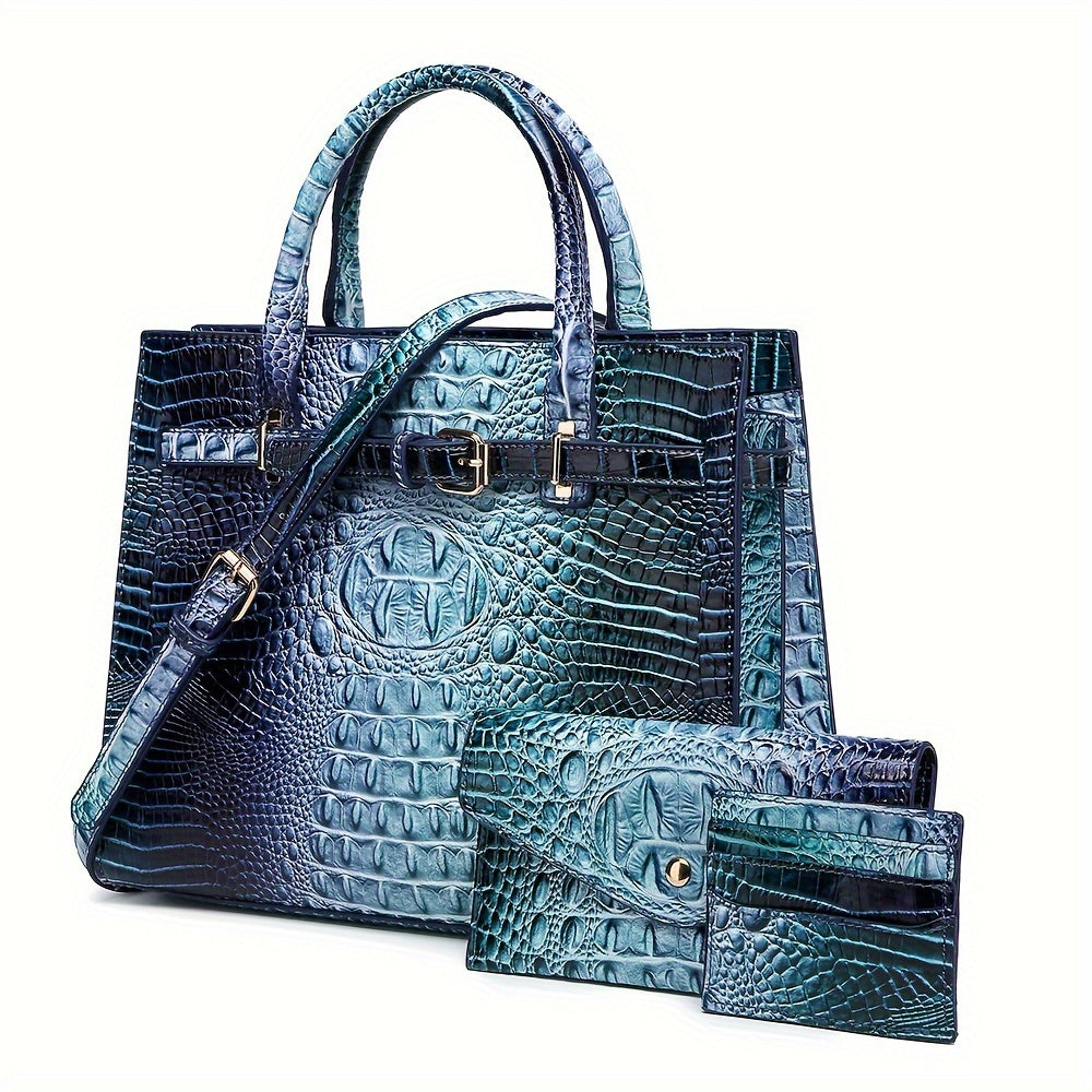 Crocodile Embossed Tote Bag with Matching Clutch - 2-Piece Handbag Set for Women