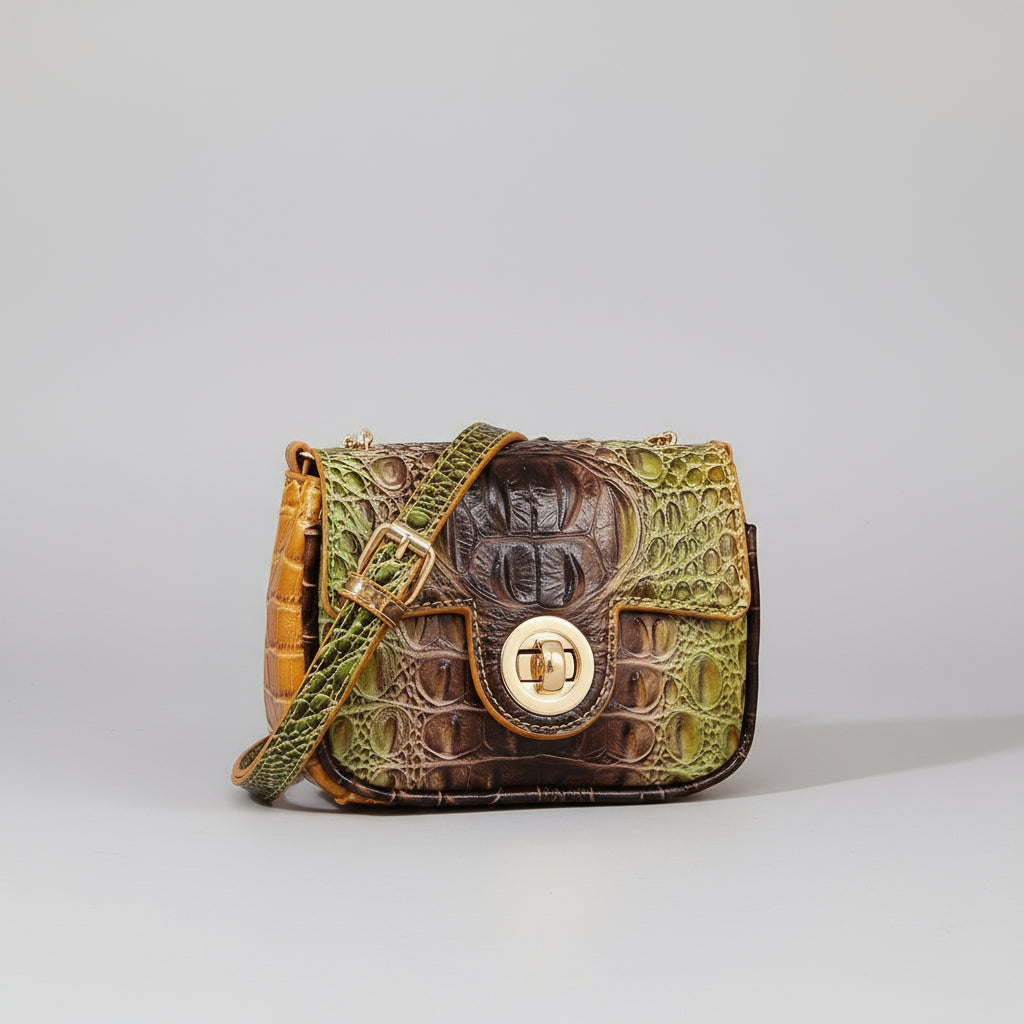 Multicolored textured bag on a wooden surface with a dark background