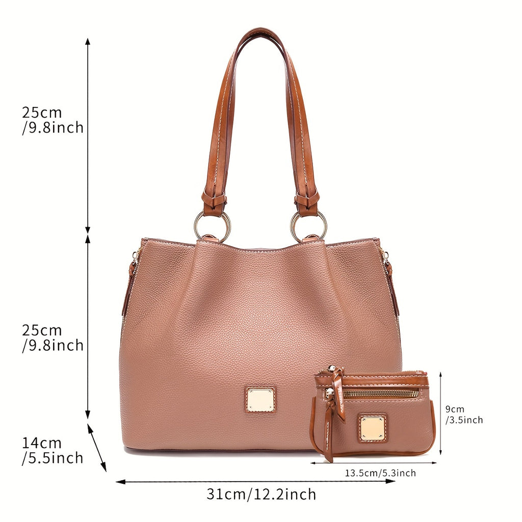 Brown handbag with measurements on a white background