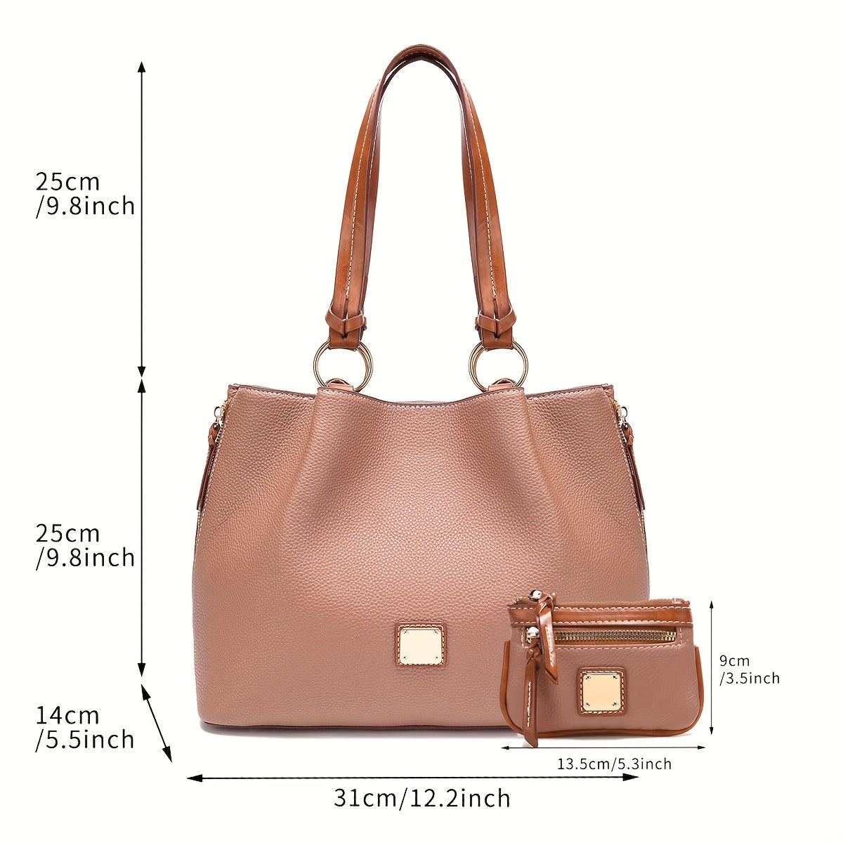 Brown handbag with measurements on a white background