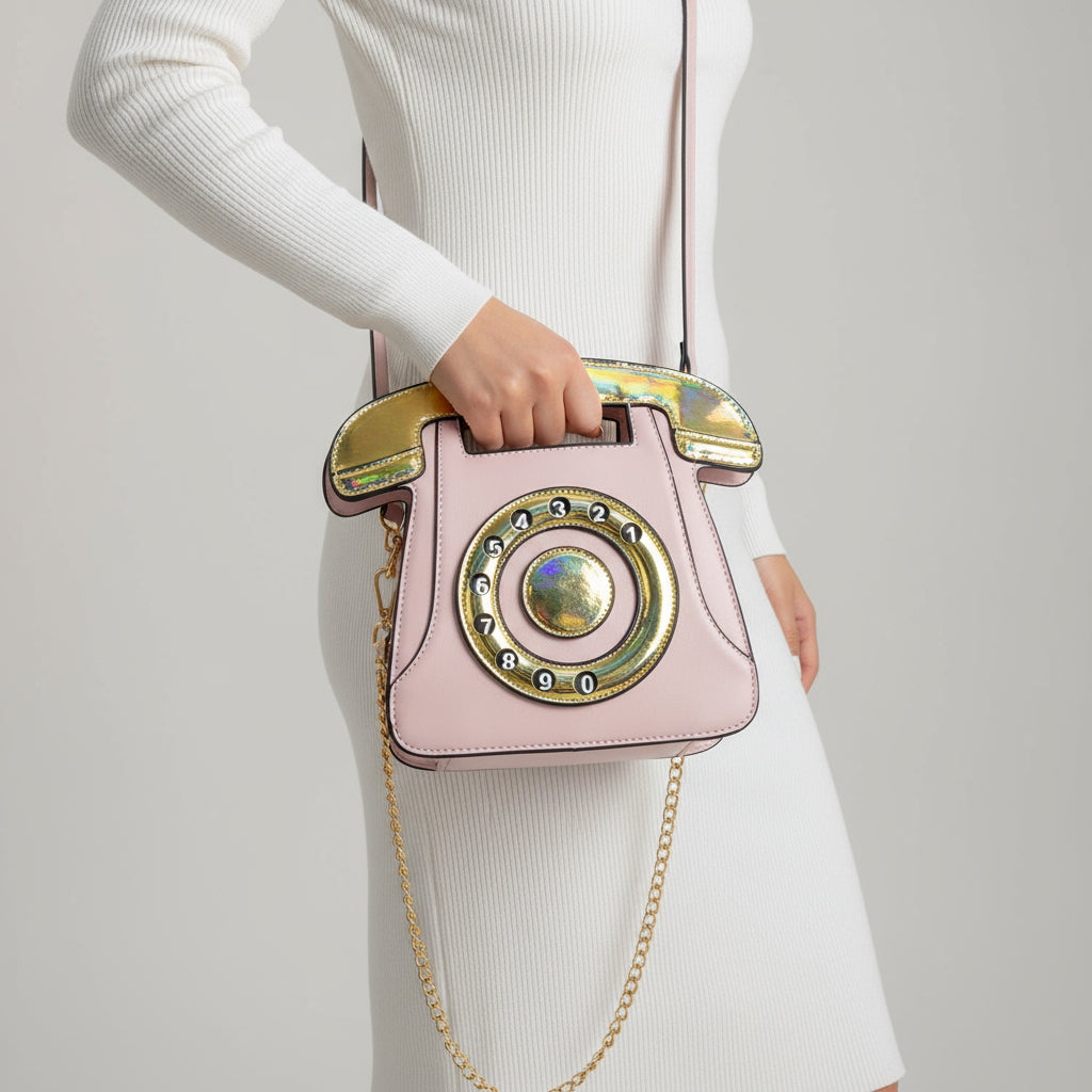 Pink Crossbody Bag - Retro Street Style with Golden Dial Detail