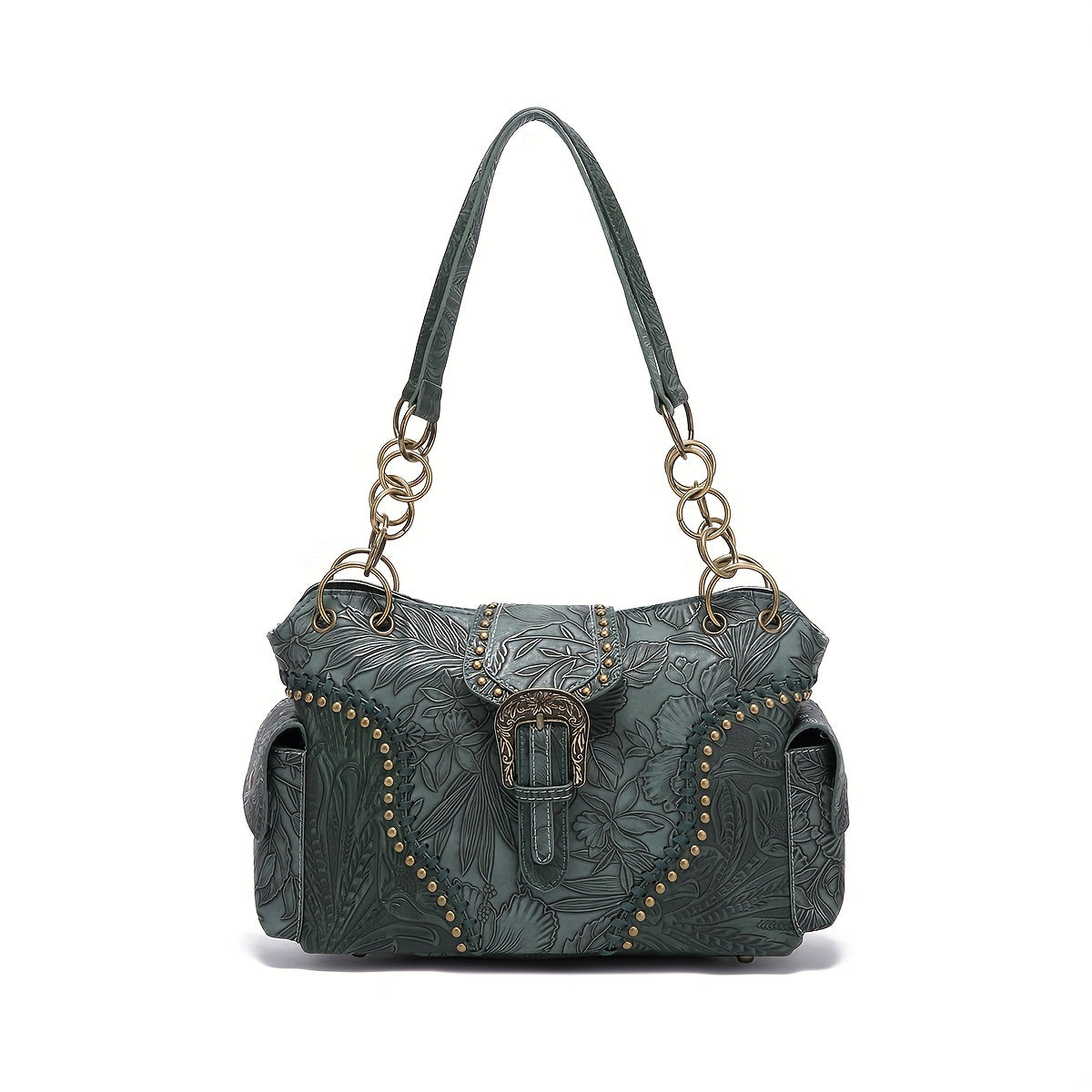 Green leather handbag with floral patterns and gold accents on a white background