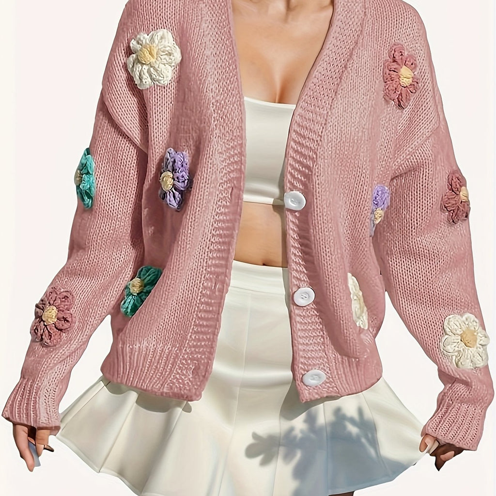 Pink Floral Cardigan - Handcrafted Embroidered Sweater for Women