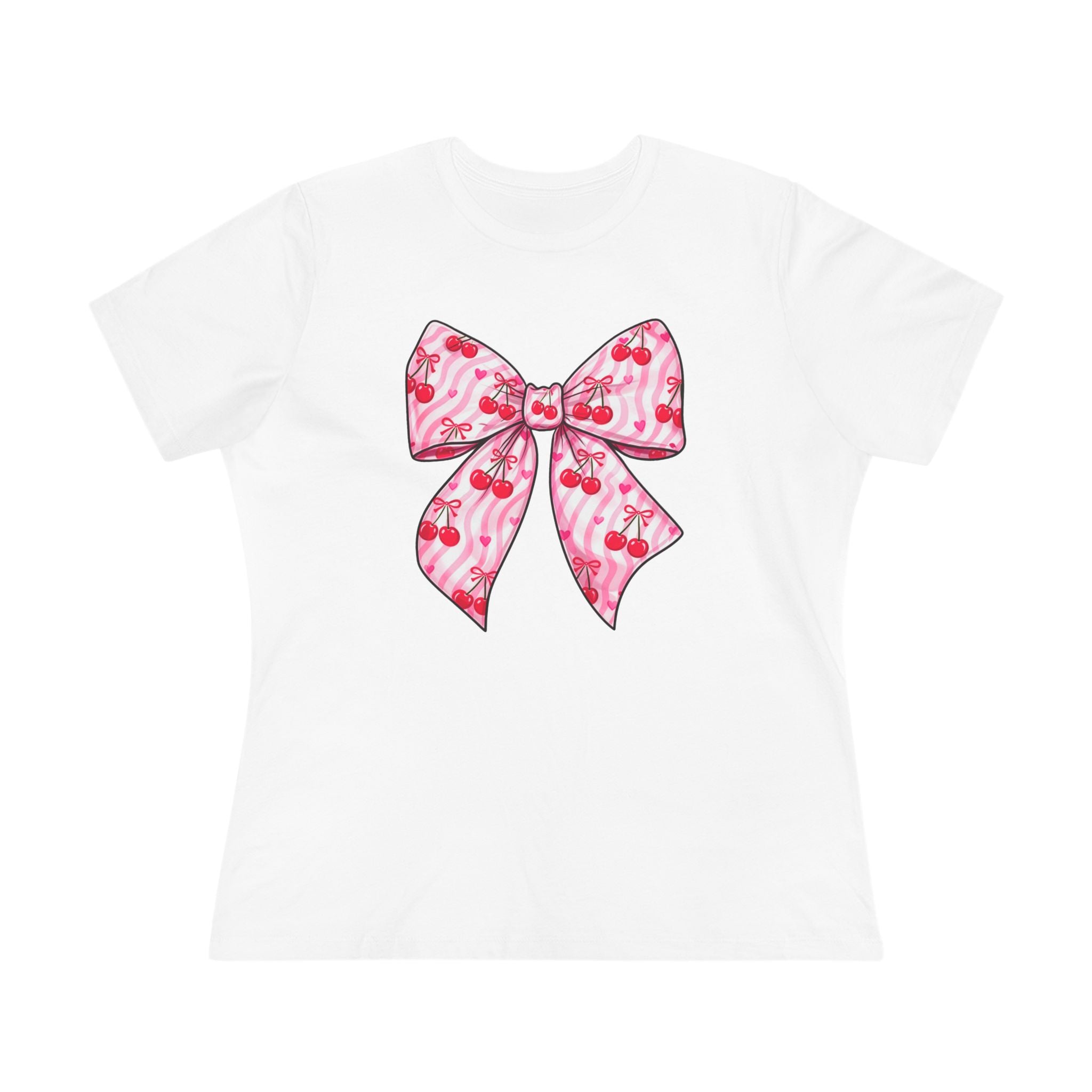 Pink Cherries Bow Women's Tee — Cute Tropical Ribbon Graphic Shirt