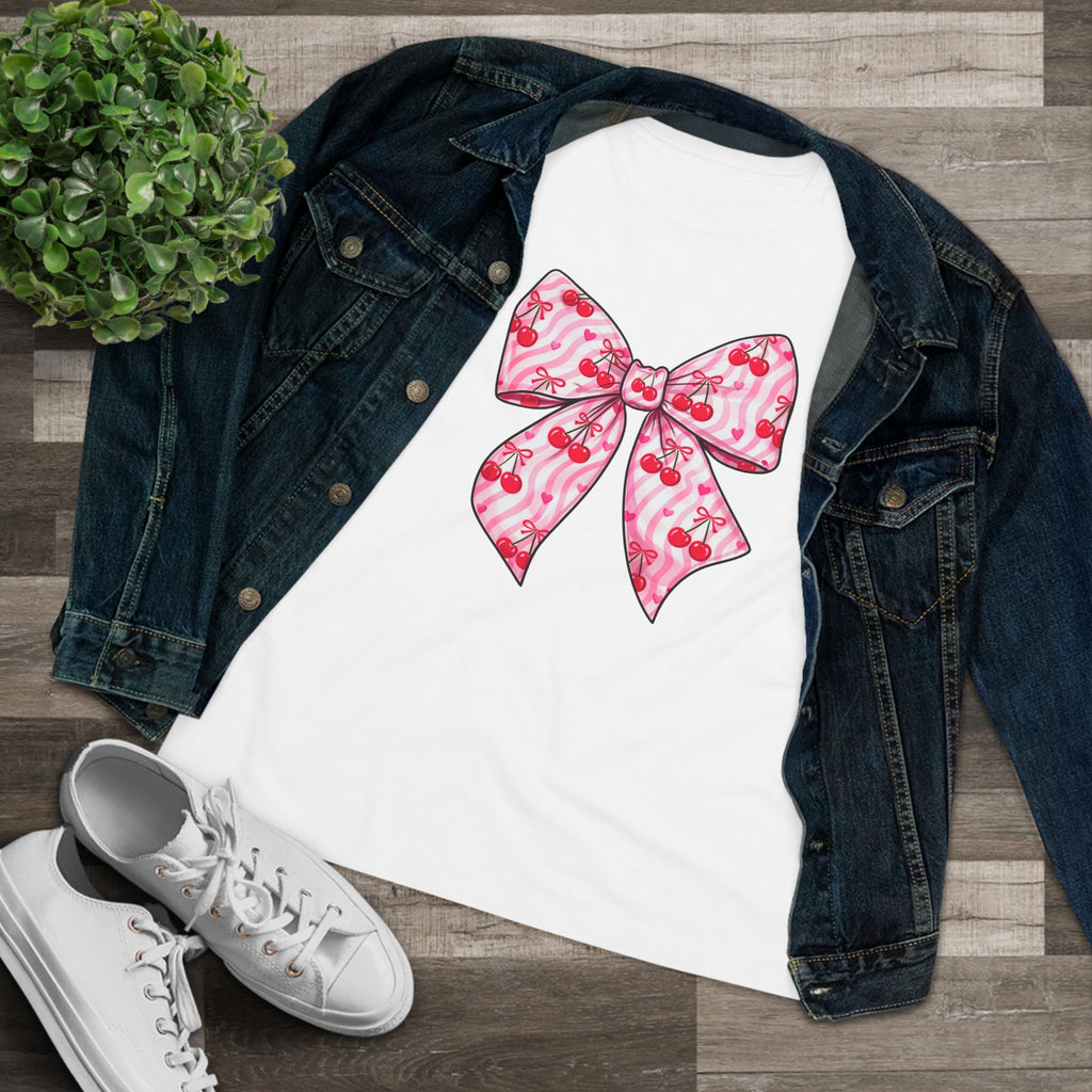 Pink Cherries Bow Women's Tee — Cute Tropical Ribbon Graphic Shirt