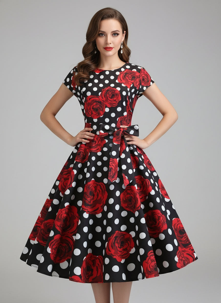 Dress with red rose and white polka dot pattern on a black background