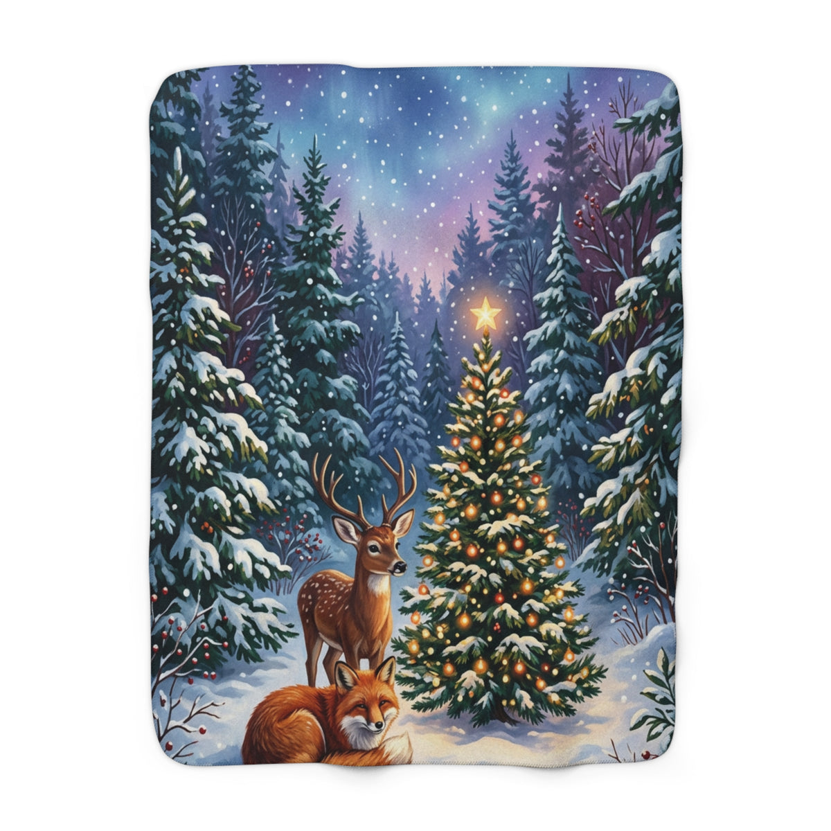 Winter Woodland Christmas Sherpa Fleece Blanket with Deer, Fox & Christmas Tree